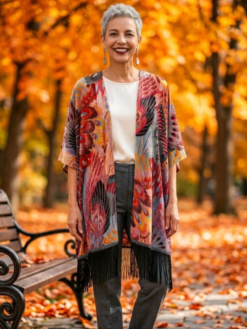 🦚🍁 Peacock Velvet Fringe Whimsigoth Bohemian Kimono Cardigan Black Rainn OS